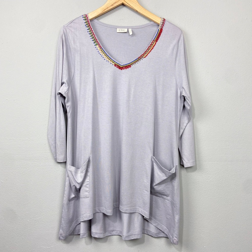 LOGO‎ Lori Goldstein Tunic Top Size L Beaded Lagenlook Knit Artsy Pockets Casual